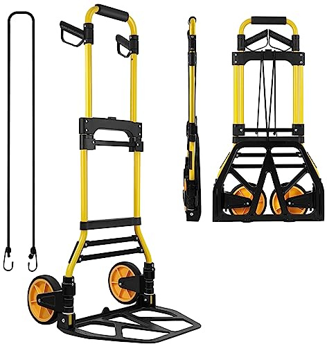 Folding Hand Truck and Dolly, 440lbs Capacity Portable Luggage Dolly Cart with Rubber Wheels and Retractable Handle, Aluminum Foldable Hand Cart for Transportation/Luggage/Mobile/Travel/Office Use