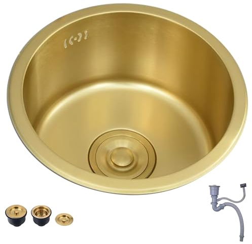 Impianti Lavello da Cucina in Acciaio Inossidabile Dorato Lavastoviglie da Bancone Bar Lavabo Tondo Piccolo da 32/36/40 Cm Lavello sopra E Sottopiano Ad Una Vasca Cucina (Color : Gold, S : 32 * 32cm)