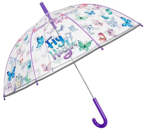 PERLETTI Regenschirm Transparent Rosa Kinder - Kinderschirm Reflektierend Durchsichtig für Kleine Mädchen 3 4 5 Jahre - Sicher Kinderregenschirm Kindergarten Kleinkind - Durchm 64 cm (Schmetterlinge)