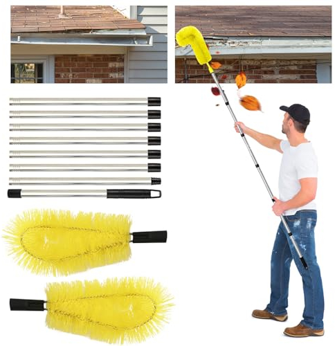 Dechoga Gutter Cleaning Tools, Telescopic Gutter Cleaner with 2 Gutter Brush & 8-Section Telescopic Rod for Cleaning Leaves, Debris, Window, Gutter, Hanging Light (Yellow)