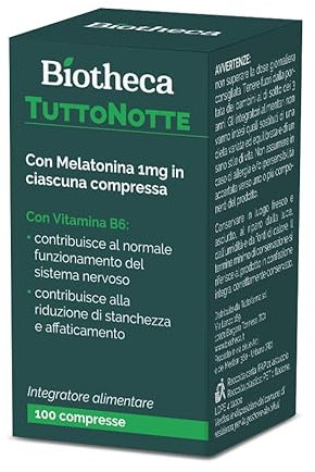 Biotheca TuttoNotte Integratore di Melatonina e Vitamina B6 per il Sonno 100 Compresse - Senza Glutine