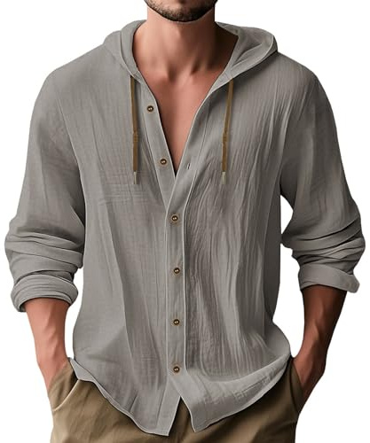 MakingDa Hooded Shirt Men Thin Long Sleeve Hoodie Casual Smart Lightweight Summer Linen Button Down Beach Tops Loose Fit Plain Hoody-Grey-L