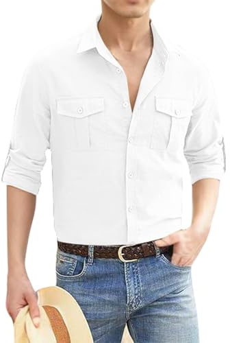 Générique Chemise Homme Lin Coton Manches Longues Boutonnée Chemise Été Homme UPF 50+ Séchage Rapide pour Randonnée, Pêche, Trekking T-Shirts Blanc XL