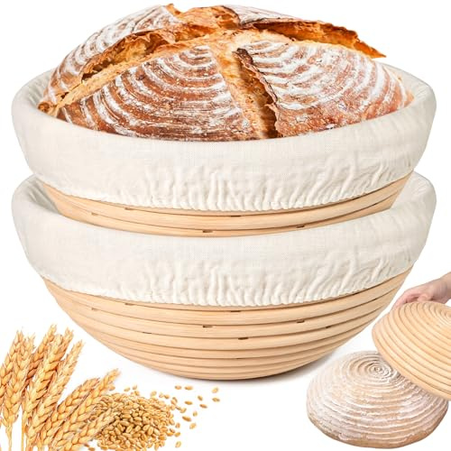 Juego de 2 cestas de fermentación redondas de 9 pulgadas, de ratán de alta calidad con paño de fermentación, incluye accesorios de iniciación de masa fermentada, juego de panadería profesional de 23