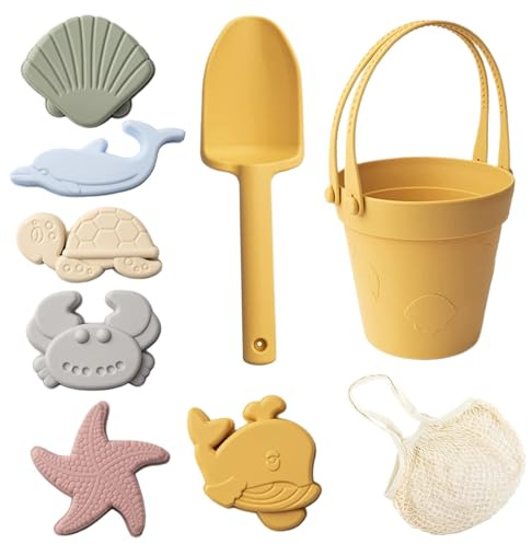 Jouets de plage en silicone, jouets de sable pour enfants, 8 pièces plage en silicone sûre avec pelle, seau et moules à sable, boîte étanche pour les voyages, l'été et l'extérieur, jaune pour un u