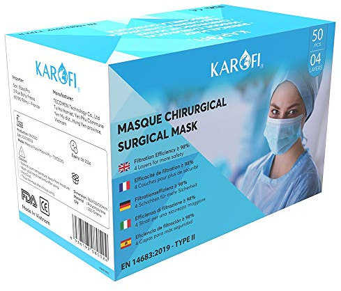 KAROFI - Mascherine Chirurgiche TIPO II MEDICO, 4 STRATI, BFE > 98%, testate e approvate, certificate CE EN14683 : 2019, pacco da 50