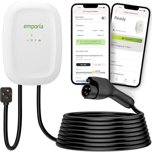 EMPORIA Level 2 EV Charger w/ J1772 Connector — 48 Amp, 240V WiFi Enabled Electric Vehicle Charging Station, 25ft Cable, NEMA 14-50, White