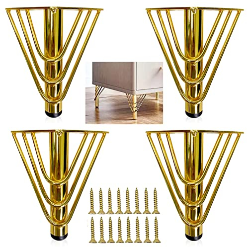 KMERCE 4pcs Möbelfüße Metall Gold 18cm, Schrankfüsse, Kommodenfüße, Sofa füße, Füße für möbel, Tischbeine für Couchtisch, Sofa, TV-Schrank, Bett, Sideboard, Mit Schrauben+Anti-Rutsch Stummschaltbasis