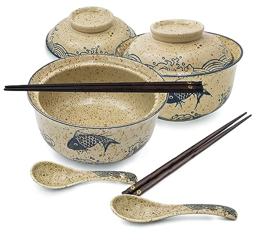 Juego de 2 tazones de ramen japonés, tazón de ramen con tapa, cuencos de sopa instantáneos de cerámica vintage, vajilla asiática, cucharas y palillos - 800 ml, pescado blanco