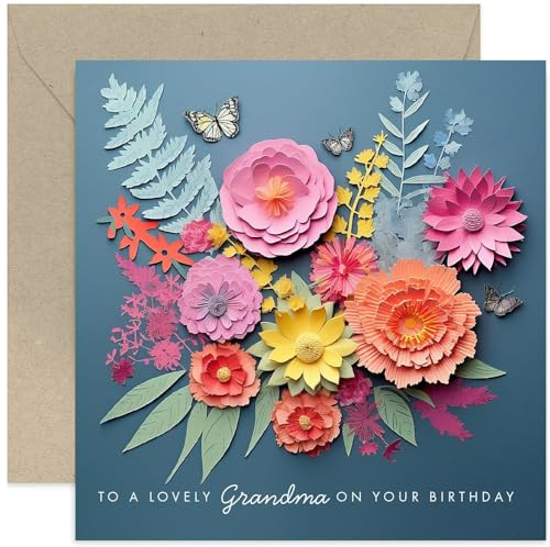 Old English Co. Lovely Grandma Birthday Card for Her - Dark Flower Bunch and Butterfly Greeting Card from Grandchildren - Cute Birthday Cards | Not 3D