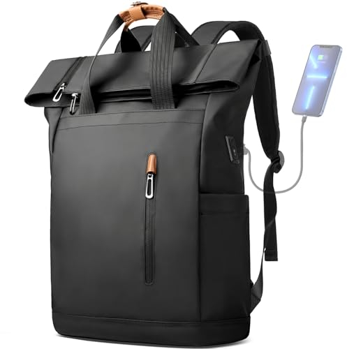 hk rolltop backpack men Stretchable Laptop Backpack 15.6 Inch USB Port Anti-Theft Water Resistant for School Work Weekend Travel (23L-28L Black)