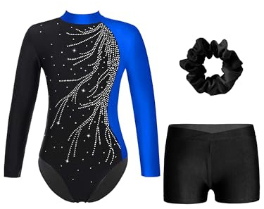 iiniim Flicka gymnastikdräkt glitter, gymnastikdräkt med shorts, hårband, trikåkostym, långärmad, gymnastik, leotard, konkurrens, danskostym, Blå och svart, 134-140