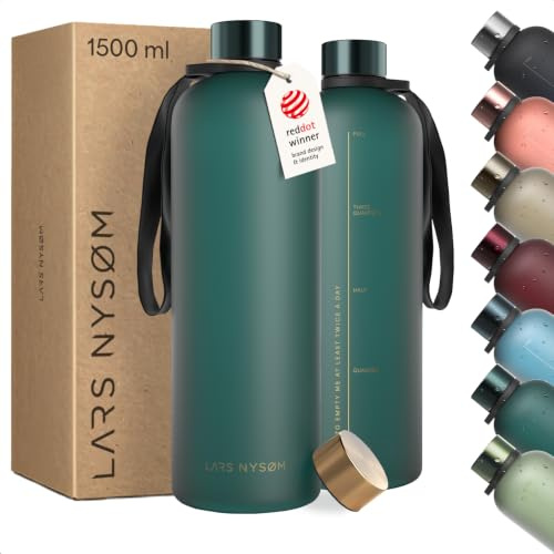 LARS NYSØM Borraccia 1 5l | Bottiglia acqua 1500ml | Bottiglia ultraleggera in Tritan Sport a prova di perdite | Ideale per sport, ufficio, yoga | 2 coperchi inclusi (Green/Gold, XL 1500ml)