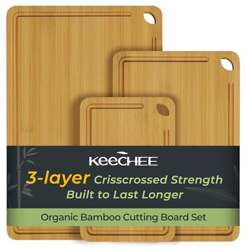 Keechee Wood Cutting Board for Kitchen - Reversible Bamboo Cutting Boards Gift Set of 3 with Juice Groove, Wooden Chopping Board for Meat, Fruit, Vegetables & Cheese (Pre Oiled, Natural)