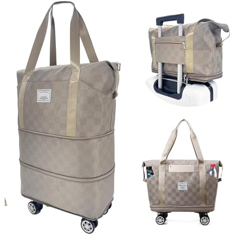 Bolsa de Viaje Con Ruedas, Plegable de Gran Capacidad, Expandible Con Ruedas Extraíbles, Weekender Con Compartimento para Ropa Mojada para Deportes y Fitness, Caqui., 36 cm x 21 cm x 60 cm