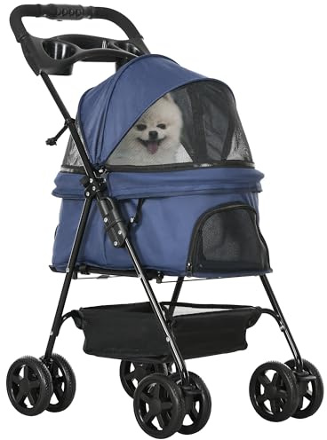 PawHut Poussette Buggy Pliable Chien Chat Panier Rangement Porte-Gobelets Tissu 300D Oxford Imperméable 4 Roues Bleu Foncé