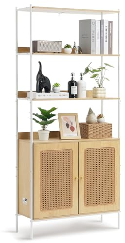 VEVOR Rattan Bookshelf, Ladder Shelf with 2 Doors, Rectangle Freestanding Open Storage Bookcase Rack Organizer, Storage Display Shelves Ideal for Library, Meeting Room, Office, Study, Natural