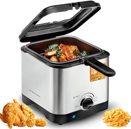 Freidora eléctrica de 2,5 L fácil de Limpiar, freidora pequeña de 1000 W con cestas para freír, Ajuste de Temperatura de 130-190 ℃, freidora de Aceite de Acero Inoxidable para Patatas Fritas y donas