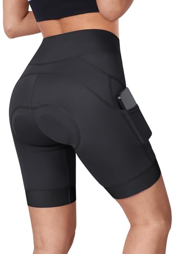 BERGRISAR Pantalones cortos de ciclismo acolchados 4D para mujer con bolsillos, pantalones cortos de ciclismo para bicicleta, Negro , M