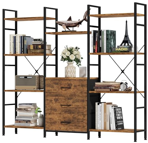 OYRREU 150W x142Hcm Bücherregal mit 4 Stoffschubladen, Standregal Bücher Regal für Wohnzimmer Büro Balkon Bookshelf Würfelregal Küchenregal Shelf Lagerregale Bookcase, Industrial Holz Style