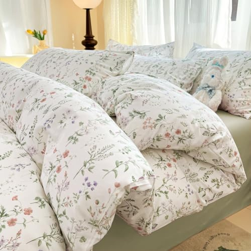 AShanlan Ropa de cama de 135 x 200 cm, algodón, diseño de flores, juegos de cama con cremallera, 2 piezas, diseño botánico, flores, hojas, funda nórdica y funda de almohada de 80 x 80 cm
