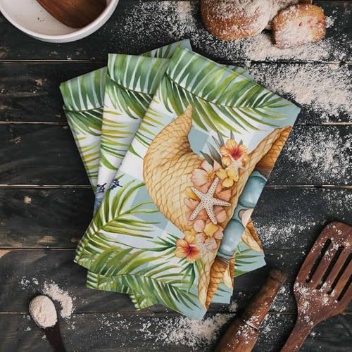 DOME-SPACE Kitchen Towels - Tropical Dwarf Palm Tree Hand Towel Absorbent Dish Cloths 2 Pack, Gnomes Sea Star on Green Plaid Super Soft Cleaning Cloth for Drying Dishes
