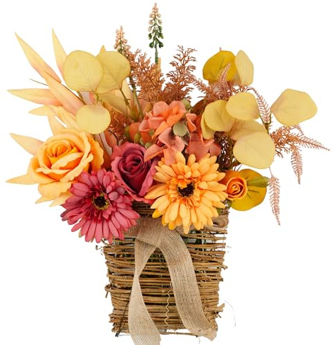 YELIKIT Fiori artificiali con cesto da appendere per decorazione da parete, decorazione autunnale, bouquet di fiori arancioni finti in piccoli cesti di vimini per porta d'ingresso, utensili da cucina
