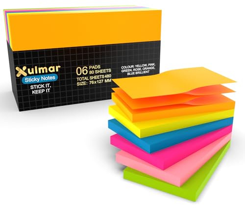 3 x 5 Sticky Notes, 6 Pads, 480 Sheets, Self Adhesive Memo Pads | Bright removable notes for office, school and home, 80 sheets per pad for reminders, lists and messages.