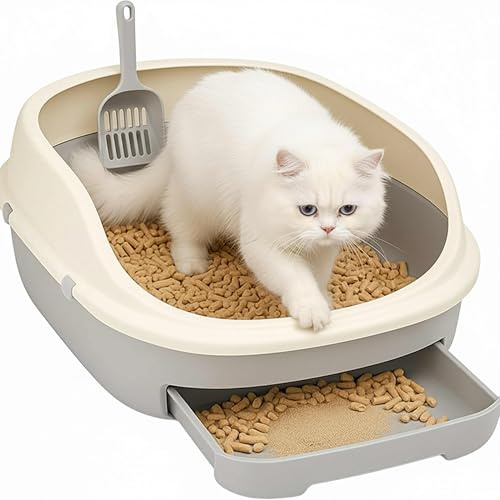 ALAYSTAR Jumbo Cat Litter Tray for Wood Pellets Large Double Layer Sifting Box with Scoop, Semi-Enclosed Design, Easy Clean Drawer System, Anti-Spill Raised Rim, Open Top Pellet Litter Box for Cats &