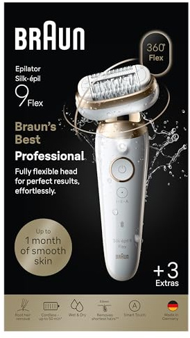 Braun Silk·épil 9 Flex, Epilator with 360° Flexible Head for Easy Hair Removal, Wet & Dry, Lasting Smooth Skin, Includes Shaver Head and Trimmer Comb, 9-030 3D, Gold