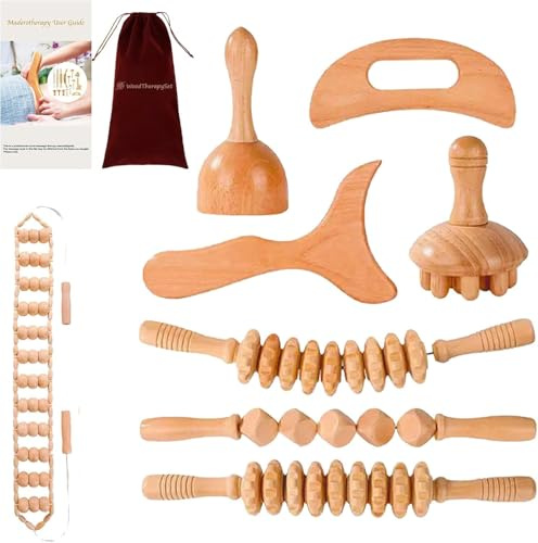 8-delat massageset i trä – massageapparat för massage av lymfdränering, kroppsformning och anti-celluliter, muskelavslappning och smärtlindring