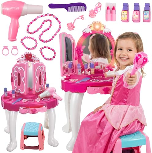 Kinderplay Tocador Rosa para niños con Varita mágica y Accesorios, tocador para niñas con Espejo, cajón, Taburete y Juguetes de Maquillaje, KP8846