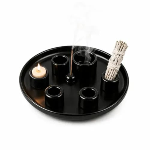 4-i-1 keramisk rökelsehållare med askbricka, multifunktionell rökelseskål för Palo Santo, salvia, ljus, rökelsepinnar, 20 cm diameter, för heminredning, meditation och yoga