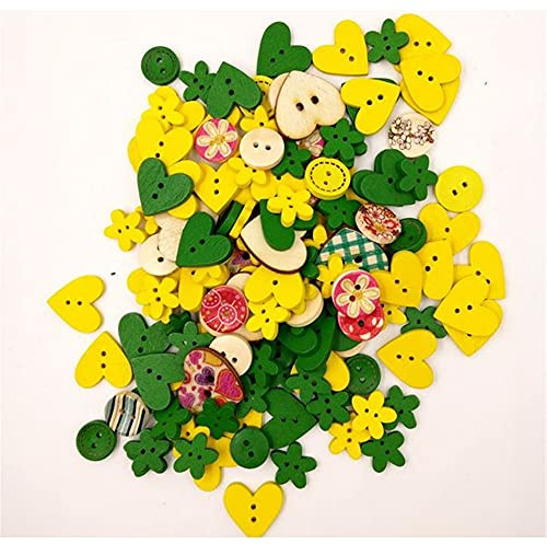 100 Pcs/Pack Wooden Button 2 Holes Button for Sewing Crafts DIY Works Decoration (Yellow-Green)