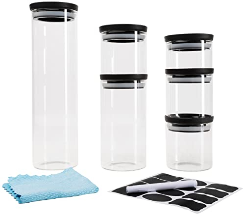 Flaschenbauer Vorratsgläser mit Deckel aus Borosilikatglas zur luftdichten Aufbewahrung inkl. Etiketten, Stift & Microfasertuch 1x 2000ml / 1x 1100ml / 3x 500ml / 1x 250ml / PE-Verschluss schwarz