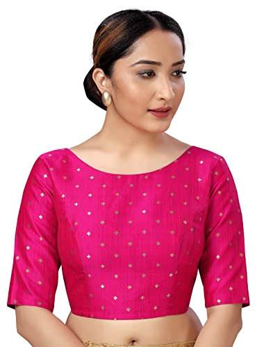 STUDIO Shringaar Women Cotton Silk Silky Brocade Readymade Elbow Length Sleeves Saree Blouse Choli (38) Pink
