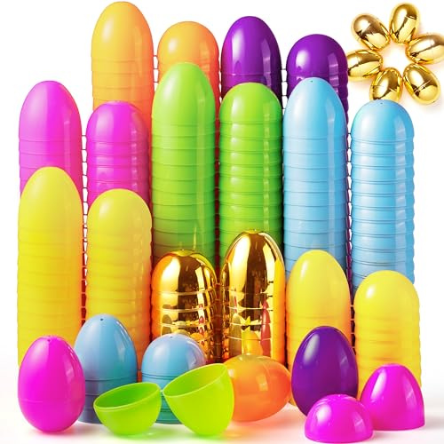 JOYIN 3.15 144 PCS Plastic Easter Eggs 6 Golden Eggs, Large Empty Eggshells Fillable for Easter Hunt, Parties, Basket Stuffers Filler, Classroom Prize Supplies