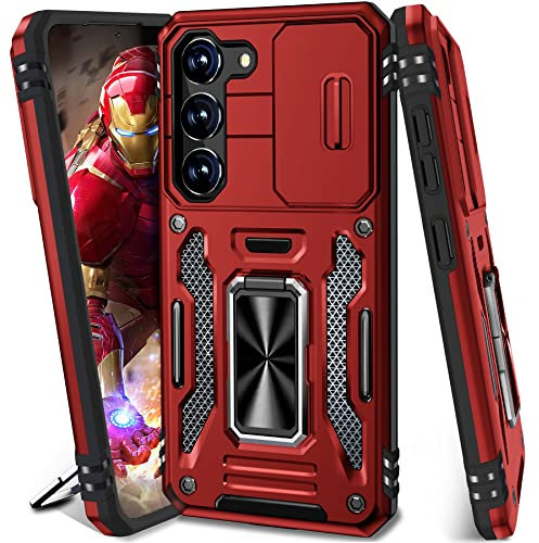 BaHaHoues for Samsung Galaxy S23 Case with Slide Camera Cover for Samsung S23 Case with 360° Rotatable Magnetic Kickstand Ring, Military Grade Shockproof Protective Case for Galaxy S23 5G (Red)
