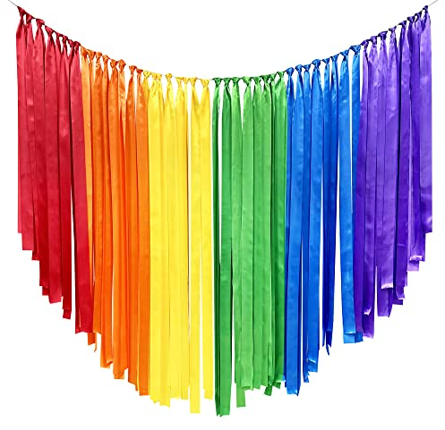 197Ft Rainbow Fabric Streamer Backdrop 1.97 inches Wide Colorful Fringe Hanging Decorations Large Silk Satin Ribbon Garland Banner for Birthday Wedding Baby Shower Fiesta Carnival Unicorn Hen Party