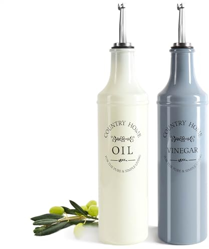 com-four Lot de 2 bouteilles pour huile et vinaigre - Bouteilles en verre colorées avec bec verseur en acier inoxydable, bouchon et tuyau d'aération - Distributeur d'huile et de vinaigre de style