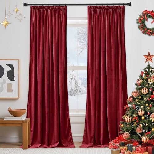 PONY DANCE Red Velvet Curtains Pencil Pleat Christmas Curtains - Thermal Blackout Window Treatments for Living Room/Bedroom 1 Pair of Luxury Drapes Elegant Home Decor Window, 52x84 Inch