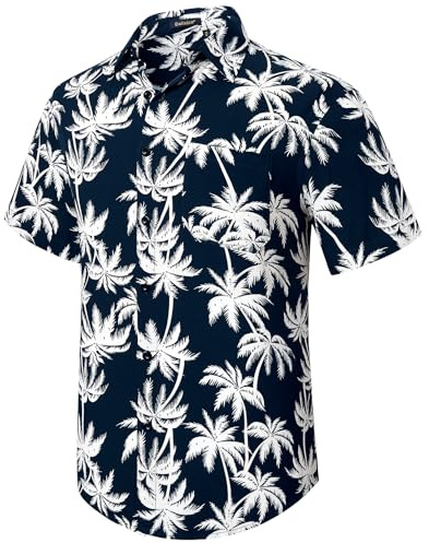 Enlision Camisas Hawaianas para Hombre, Camisa de Algodón de Manga Corta con Botón Informales de Verano con Flores Florales de Aloha para Vacaciones en La Playa Azul Marino 3XL