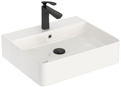 CASAMO Waschbecken 50cm breit, Aufsatzwaschbecken, Hängewaschbecken für Badezimmer, Gäste WC, abgerundet eckig, weiß hochglanz, 50 x 42 x 13 cm