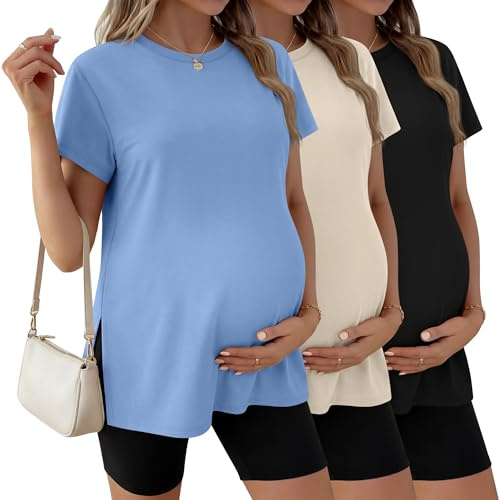 Ficerd Lot de 3 T-Shirts de Maternité pour Femmes Enceintes, Manches Courtes, Fentes Latérales, Col Rond, Vêtements de Maman(Noir, Crème, Bleu Ciel,L)