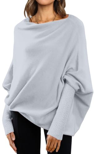 LILLUSORY Womens Batwing Oversized Sweaters Assymetrical Off The Shoulder Boat Neck Wrap Tunic Tops Fall, Grey, L