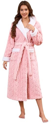 UMIPUBO Mujer Bata Invierno Albornoz con Capucha Polar de Invierno Larga Bata De Casa Baño Ducha Robe Acogedora Esponjoso Suave y con Bolsillos Cinturón Ajustable (Rosa, L)
