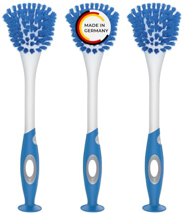 Rival Lot de 3 brosses à Vaisselle trapézoïdales avec Manche caoutchouté et Ventouse Bleue – Brosse Ergonomique avec Poils en PBT – Brosse à Vaisselle pour la Cuisine