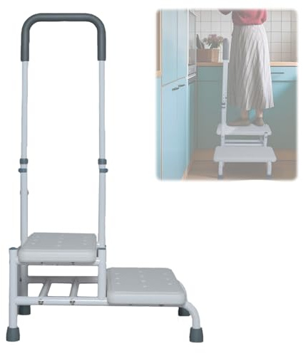 Taburete con asa, Escalera de baño Regulable en Altura de 5 velocidades con asidero 2 peldaños para Adultos Mayores, Taburete de pie para mesilla de Noche Cocina bañera