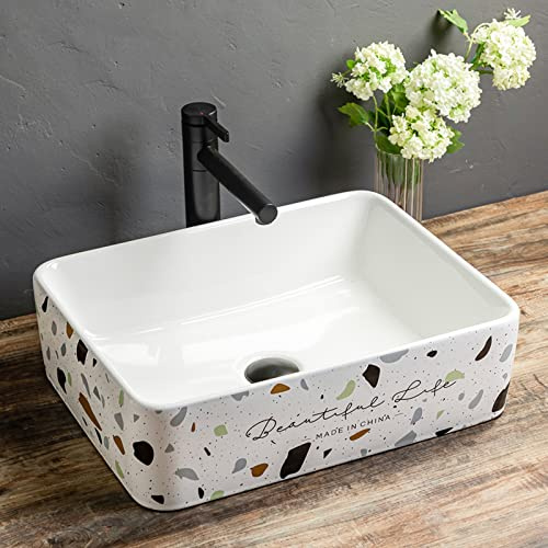 Bonita Fregadero De Recipiente Baño Rectángulo con Grifo, Cerámica Moderno Sobre Encimera Lavabo Tocador Porcelana Arte cómodo(Grande)