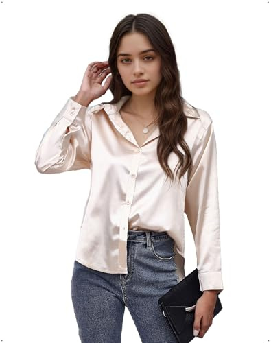 EMOTTOS Blouse Sexy en Satin pour Femme, Chemisier Ample à Boutons et col en V, Chemise élégante à Manches Longues pour Sortir, Aller au Bureau ou pour Un Look Décontracté, Beige, S